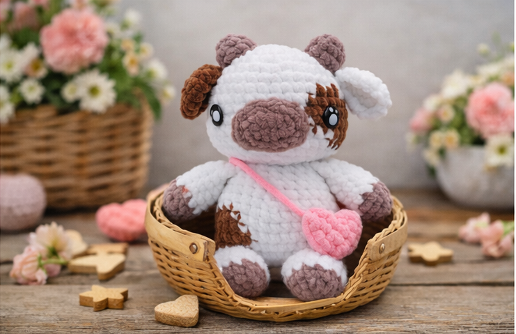 VACA ADORABLE AMIGURUMI MARRON CON BOLSO ROSA