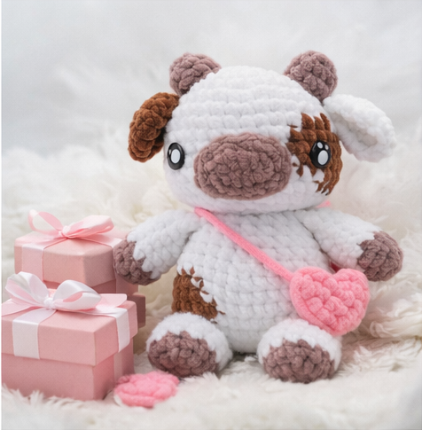 VACA ADORABLE AMIGURUMI MARRON CON BOLSO ROSA